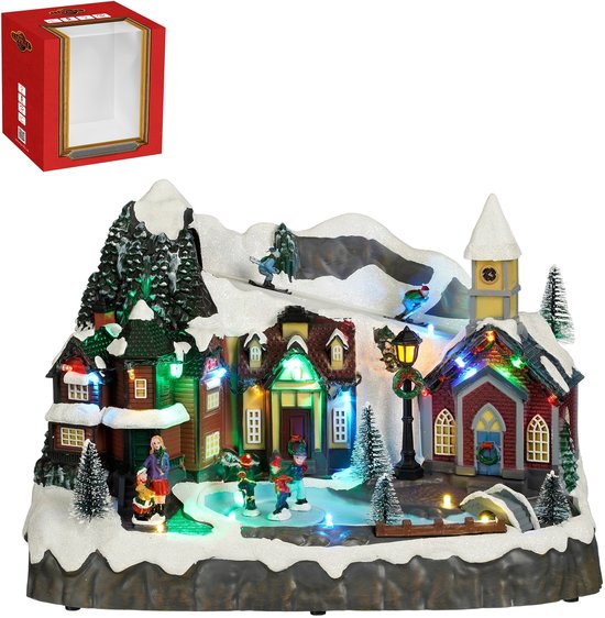 Luville Kerstdorp Miniatuur Dorpsplein - Kerstversiering met Schaatsende Bewoners - Kerst Decoratie met LED-verlichting en Draaiende Figuren - L34 x B18 x H24 cm - Wit