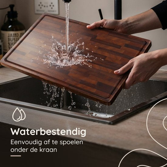 Deleca Walnoot Kopshouten Snijplank - Dubbelzijdig met Sapgeul / Handgrepen - Groot en Dikke Hakblok - Voor Keuken, Duurzame Snijplanken, Serveerplank, Kaasplank, Borrelplank, Tapasplank - Walnoten Hout - Zonder Plastic - 51x38x3.8 cm