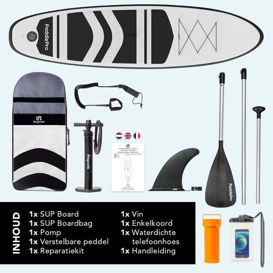 LifeGoods SUP Board - Opblaasbaar Paddle Board - Complete Set - Max. 135KG - 320x81cm - Wit/Zwart
