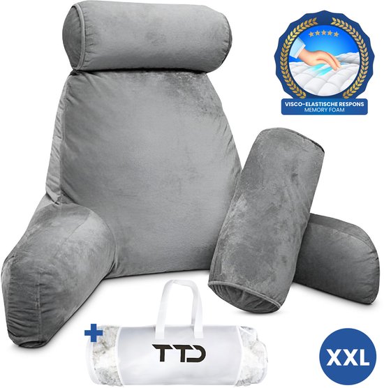 TTD® Premium XXL Leeskussen met Nekrol - Bookseat - Leeskussen voor in Bed - Ergonomisch Zitkussen met Verstelbare Vulling - Boekkussen - Inclusief Extra Minikussen - Fluweelzacht - Wasbare Hoes