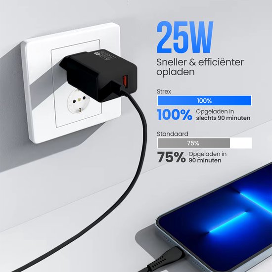 Strex USB-C & USB-A Snellader 25W - GaN Oplader met PD 3.0 & QC 3.0 - Inclusief USB-C Kabel - Zwart