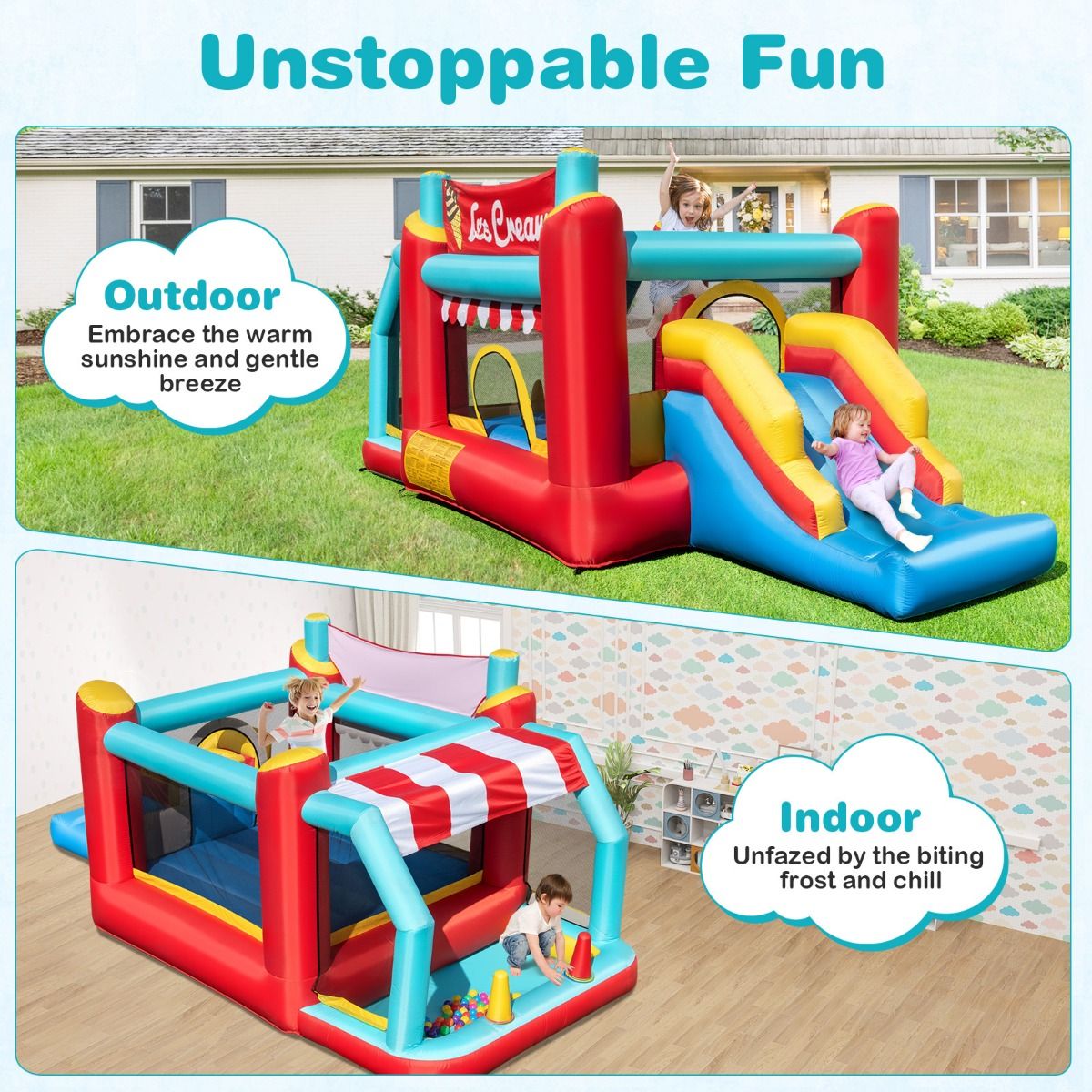 Coast Opblaasbaar Springkussen 5-in-1 - Glijbaan - Ballenbad - Basketbalring - Meerkleurig 485,5 x 239 x 206 cm