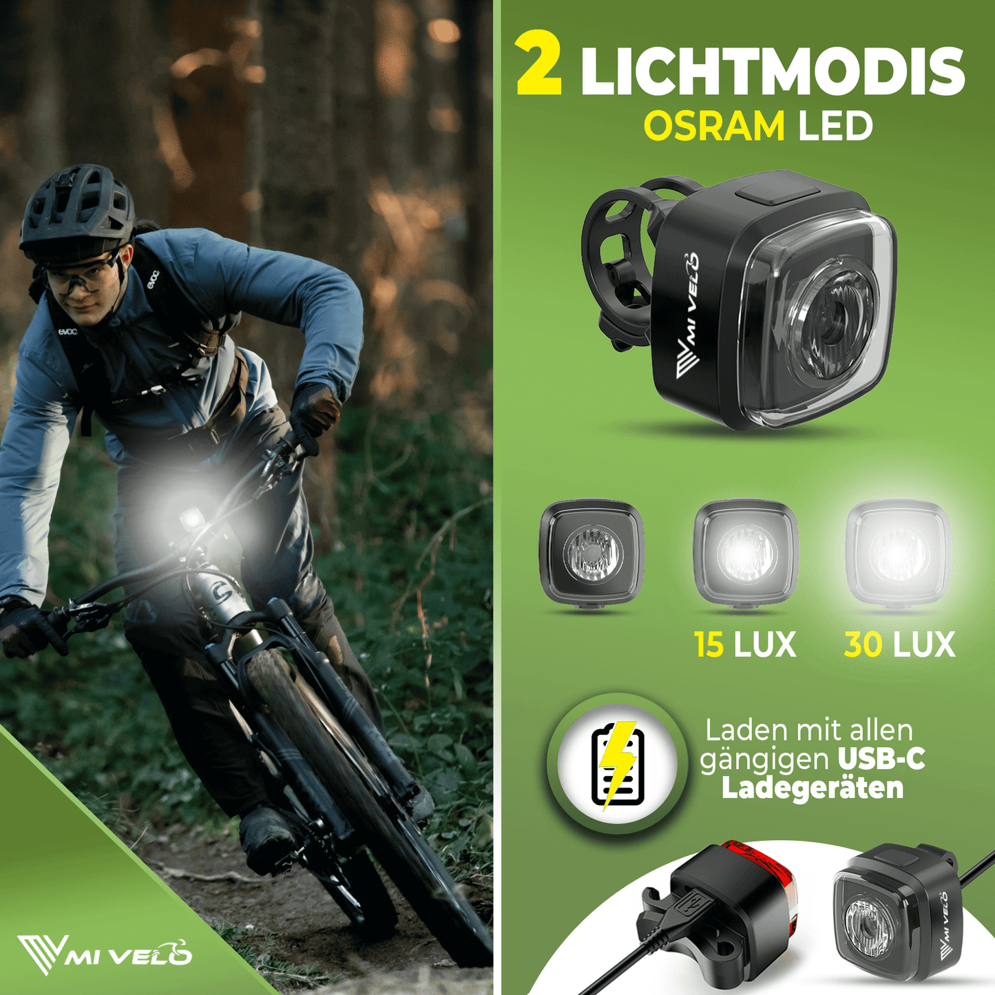 Mivelo - LED Fietsverlichtingsset  'Cube Pro' USB-oplaadbaar met remlicht - Zwart