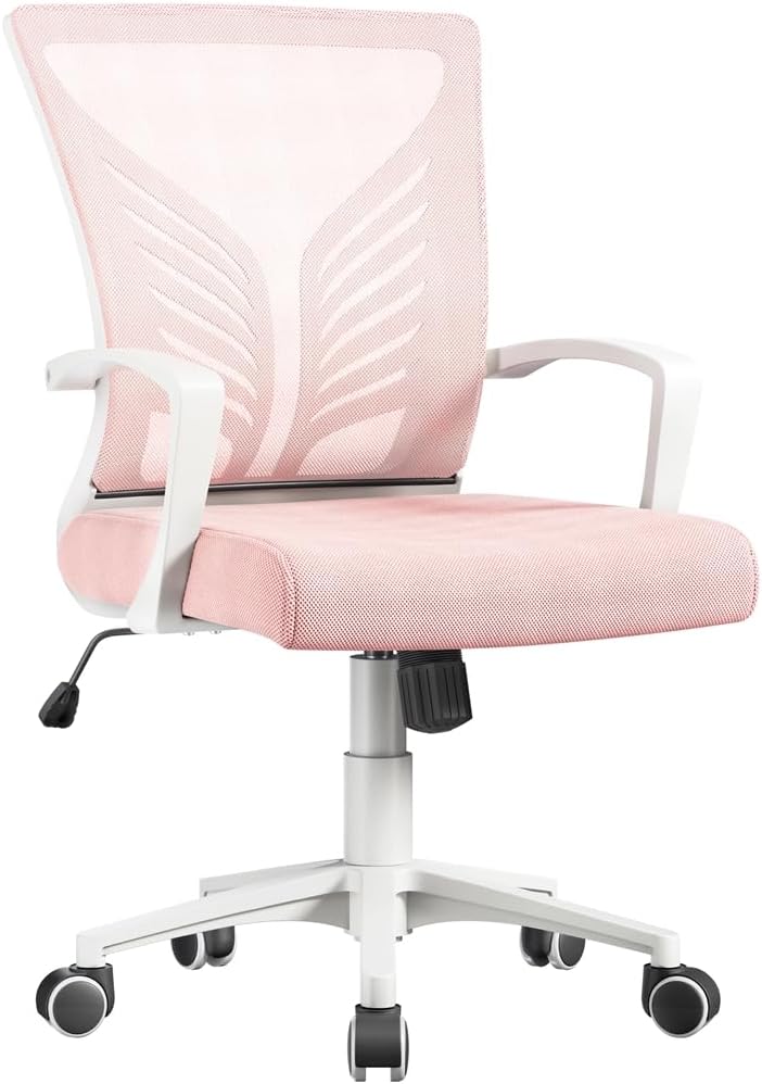 Yaheetech Bureaustoel Draaibaar - Mesh - Roze - Ergonomische Lendensteun - Verstelbare Hoogte - Kantelfunctie