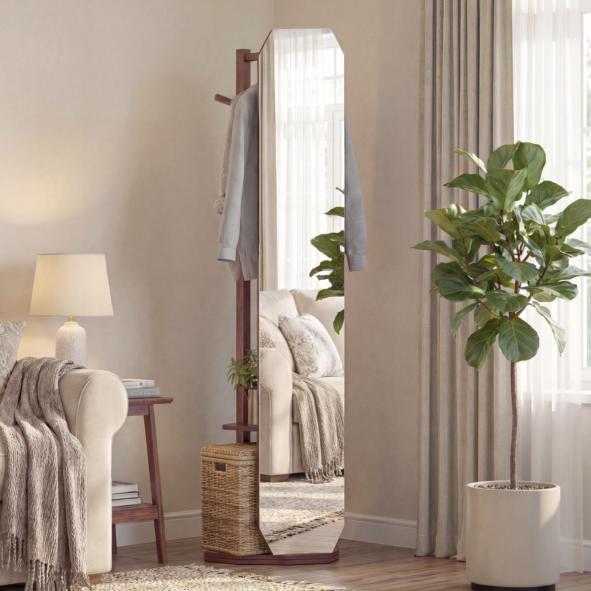 Coast Volledige Lichaamsspiegel met Standaard - 3-in-1 Garderobe - 360° Draaibaar - Walnoot