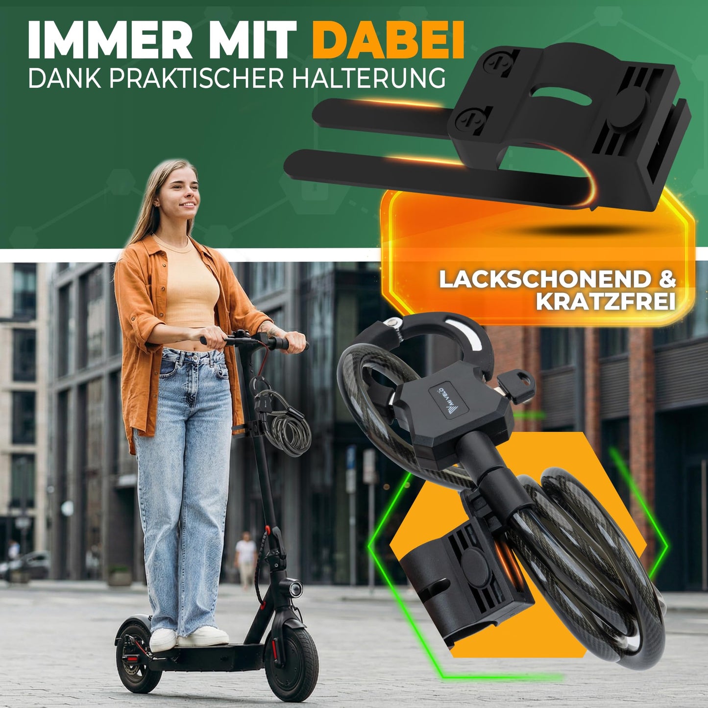 MIVELO e scooter slot - handboei kabelslot 120 cm - met sleutel en houder - stalen kern voor scooter en fiets