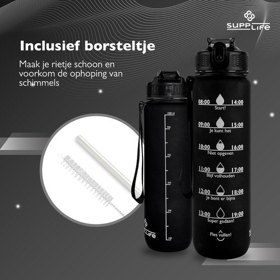 Supplife Motivatie Waterfles 1 Liter met Nederlandse Tekst - Drinkfles met Rietje - Waterfles met Tijdmarkeringen - Zwart