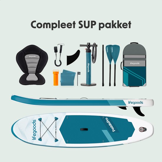 LifeGoods SUP Board Allround Compact - Met Zitje - 100 KG Draagkracht - 300 x 76 cm - Opblaasbaar - Compleet SUP pakket - Deep Aqua