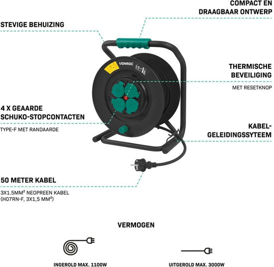 VONROC PRO Kabelhaspel 50m – IP44 – Neopreenkabel H07RN-F 3x1,5 mm² – 4 geaarde Schuko stopcontacten – 3000W (uitgerold)/1100W (opgerold) – Vaste kern – Thermische beveiliging