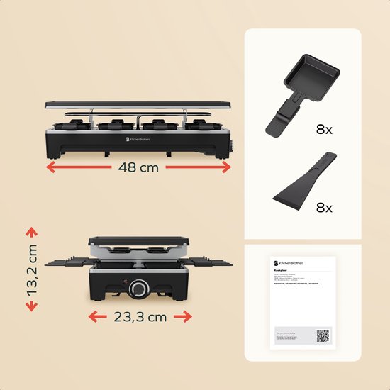 KitchenBrothers Gourmetstel - 1500W - Gourmetplaat 8 Personen - Set met Pannetjes en Spatels - 46,5 x 23 cm - Zwart
