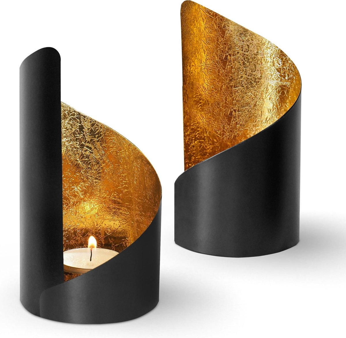Gadgy Waxinelichthouder Twist - Set van 2 - 16 x Ø8.5 cm - Theelichthouders - Windlicht - Zwart / Goud - Metaal