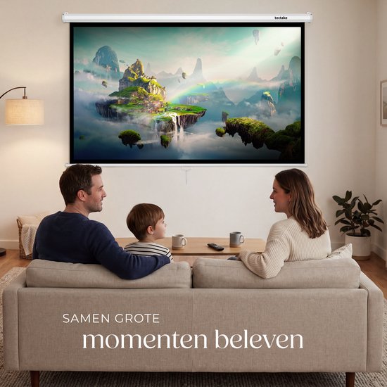 tectake® Beamer Scherm - 72 Inch (183 cm) - 16:9 Projectiescherm - Wand of Plafond Montage - 4K HD - Oprolbaar - Uittrekbaar - Projectiedoek - Presentatiescherm - Home Cinema - Inclusief Montagemateriaal