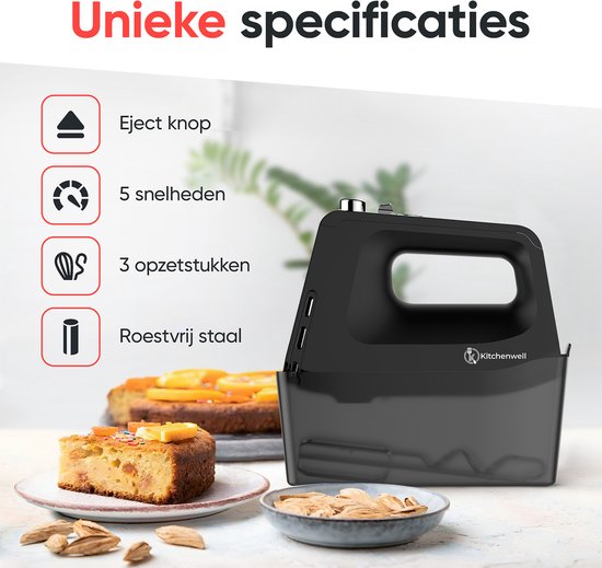 Kitchenwell Handmixer - 10 Snelheden met Turbofunctie - Puls functie - Deeghaken & Kloppers - Opberghouder - exclusief garde
