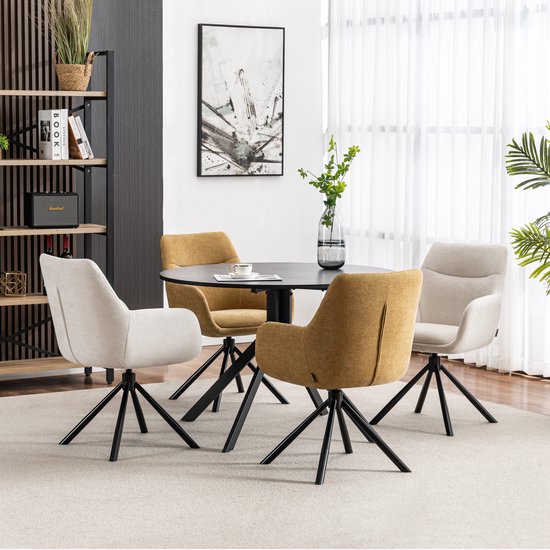 Furnihaus Olivia Draaibare Eetkamerstoel – Met Armleuning – Beige – Comfortabele Stoffen Design Stoel voor Eetkamer of Woonkamer