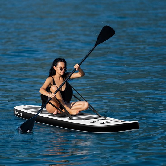 LifeGoods PaddlePro SUP Board - met Zitje - Opblaasbaar Paddle Board - Complete Set - Max. 150KG - 320x81cm - Wit/Zwart