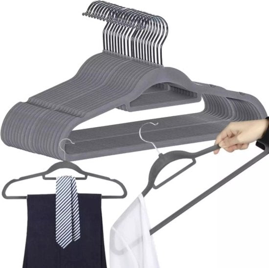 Set van 100 Fluwelen Kledinghangers – Grijs – Antislip – 360° Draaibare Haak