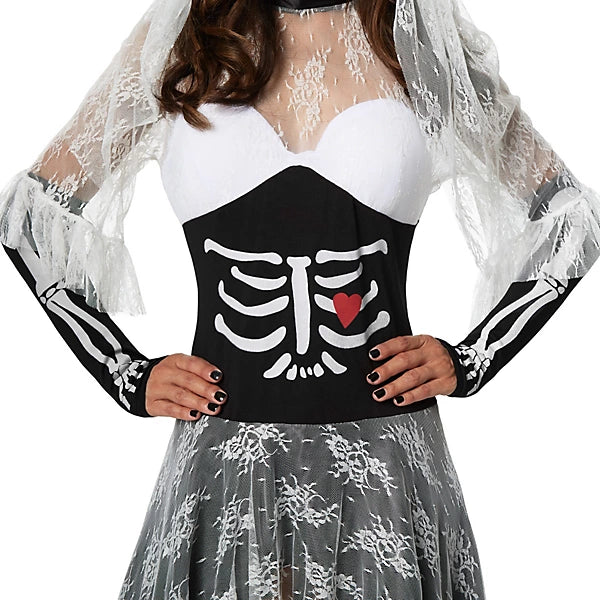 DressForFun Enge Skelet Bruid Kostuum Dames – Voorzien Van Kanten Opstaande Kraag En Gevoerde Cups En Sluiersluier – Voor Halloween En Carnaval – Zwart En Wit Polyester – Maat S