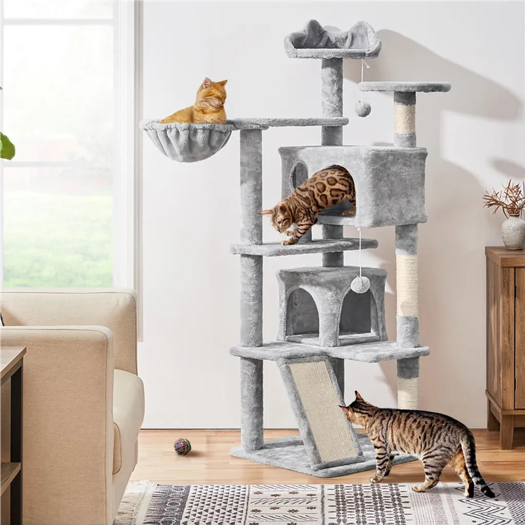 Yaheetech krabpaal 146 cm - met 2 kattenholen - 3 uitkijkplatforms - lichtgrijs