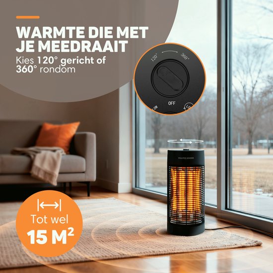 Vulpes Goods® Tech - Infrarood Verwarming - Elektrische Kachel - 1200W - 120°/360° Rotatie - 2 Warmtestanden - Compact & Draagbaar - IPX4 Waterbestendig - Zwart