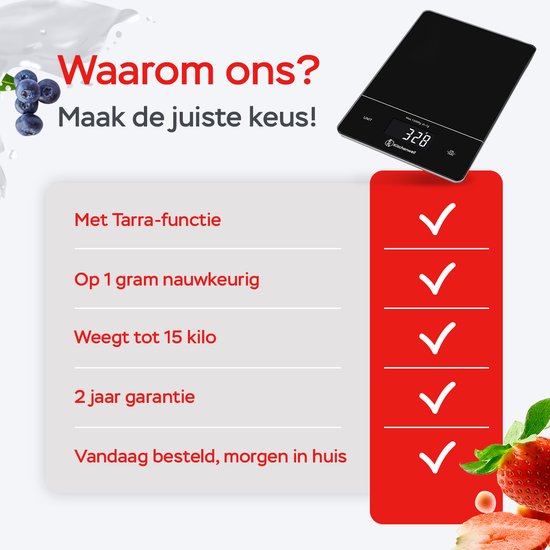 Kitchenwell Digitale Precisie Keukenweegschaal – Weegschaal Keuken - 1gr - 15kg – Tarra Functie - Zwart