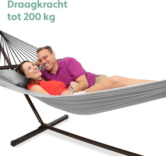 Vita5 Hangmat met Standaard en Spreidstok – 2 Persoons – incl. Bekerhouder - Afneembaar kussen – uv-bestendig – Lichtgrijs