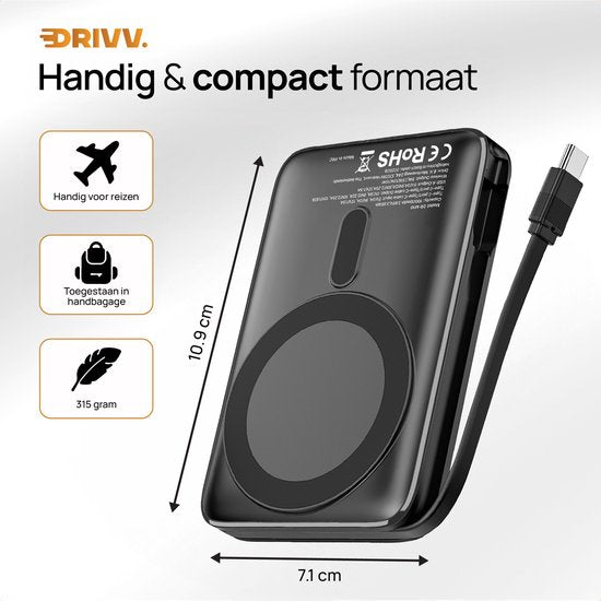 Powerbank 10.000 mAh geschikt voor MagSafe met USB C Kabel - 3 in 1 Ontwerp - 22.5W Draadloze Powerbank - Inclusief 60W Oplaadkabel - Snellaadfunctie - USB & USB C - Zwart