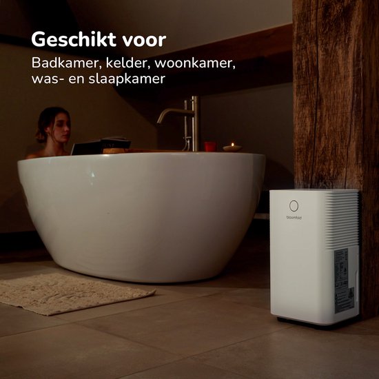 Bloomfold Luchtontvochtiger - 12L per Dag - Incl. Was-droog Functie - Geschikt voor Woonkamer, Slaapkamer, Kelder & Badkamer - Dehumidifier - Wit
