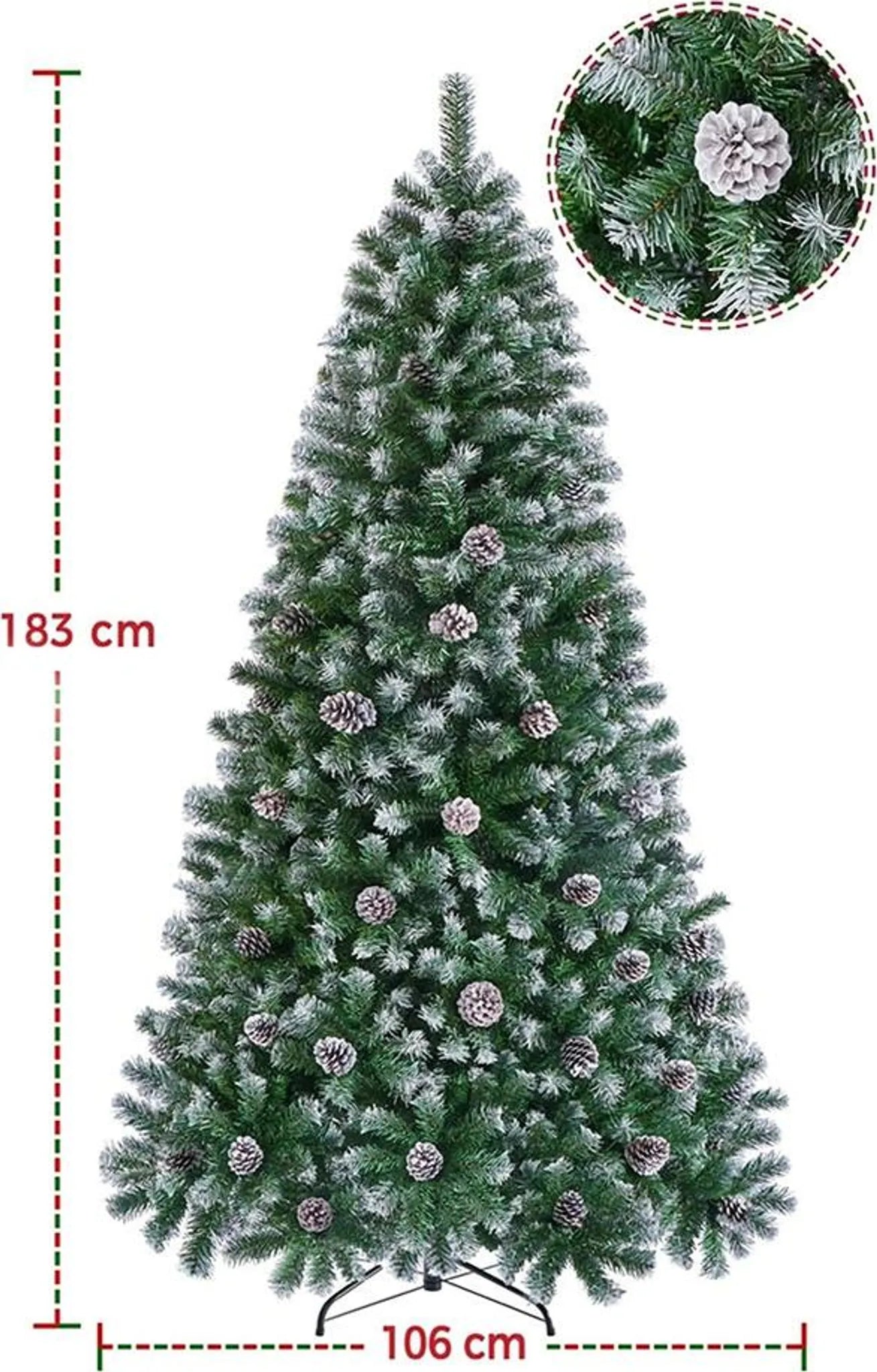Yaheetech Kunstkerstboom Besneeuwd – 183 cm – Voorzien Van 920 Takken En Natuurlijke Dennenappels En Opvouwbare Metalen Standaard – Voor Binnen En Buiten – Groen PVC En Metaal – 106 x 106 x 183 cm