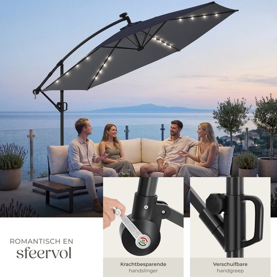 tectake® Zweefparasol met Voet - 3,5 x 3,5 m - Tuinparasol met LED-Verlichting op Zonne-Energie - Draaibaar - Waterafstotend Polyester met UV-Bescherming - Inclusief Hoes - Grijs