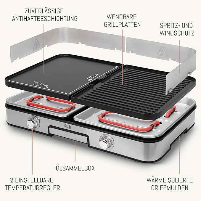 LEBENLANG Elektrische Tafelgrill - 2400W - Inclusief Grilltang en Spatbescherming - 30 x 23,7 x 15 cm - RVS