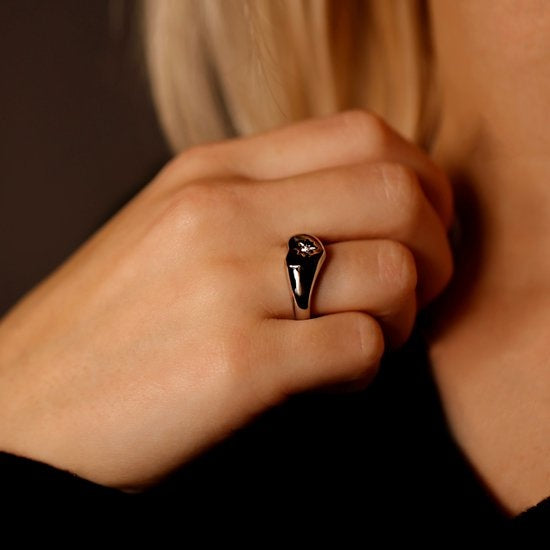 Laura Ferini Verstelbare Dames Ring Lana Zilver - Zegelring met Hartje en Zirkonia Kristal - Zilverkleurig Vrouwen Sieraad - Waterproof Roestvrij Staal - RVS Sieraden - Accessoires