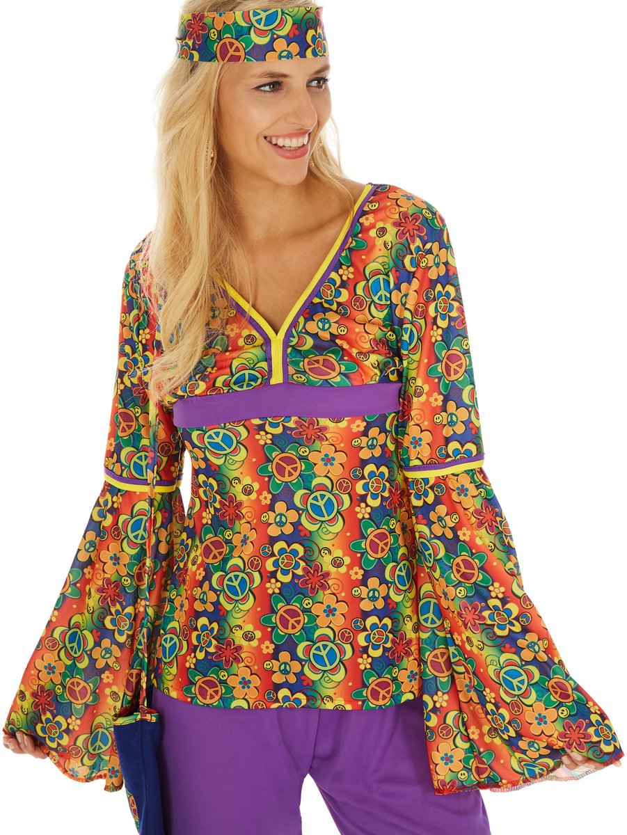 Dressforfun - Vrouwenkostuum Hippie - Kleurrijk Retro Kostuum met Broek & Bovendeel voor Carnaval & Feest - Maat S