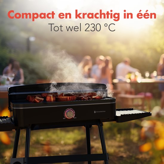 KitchenBrothers Elektrische BBQ - Staand en Tafelmodel Barbecue - Tafelbarbecue - Anti-aanbaklaag - 24x50cm Grilloppervlak - 2200W - Zwart