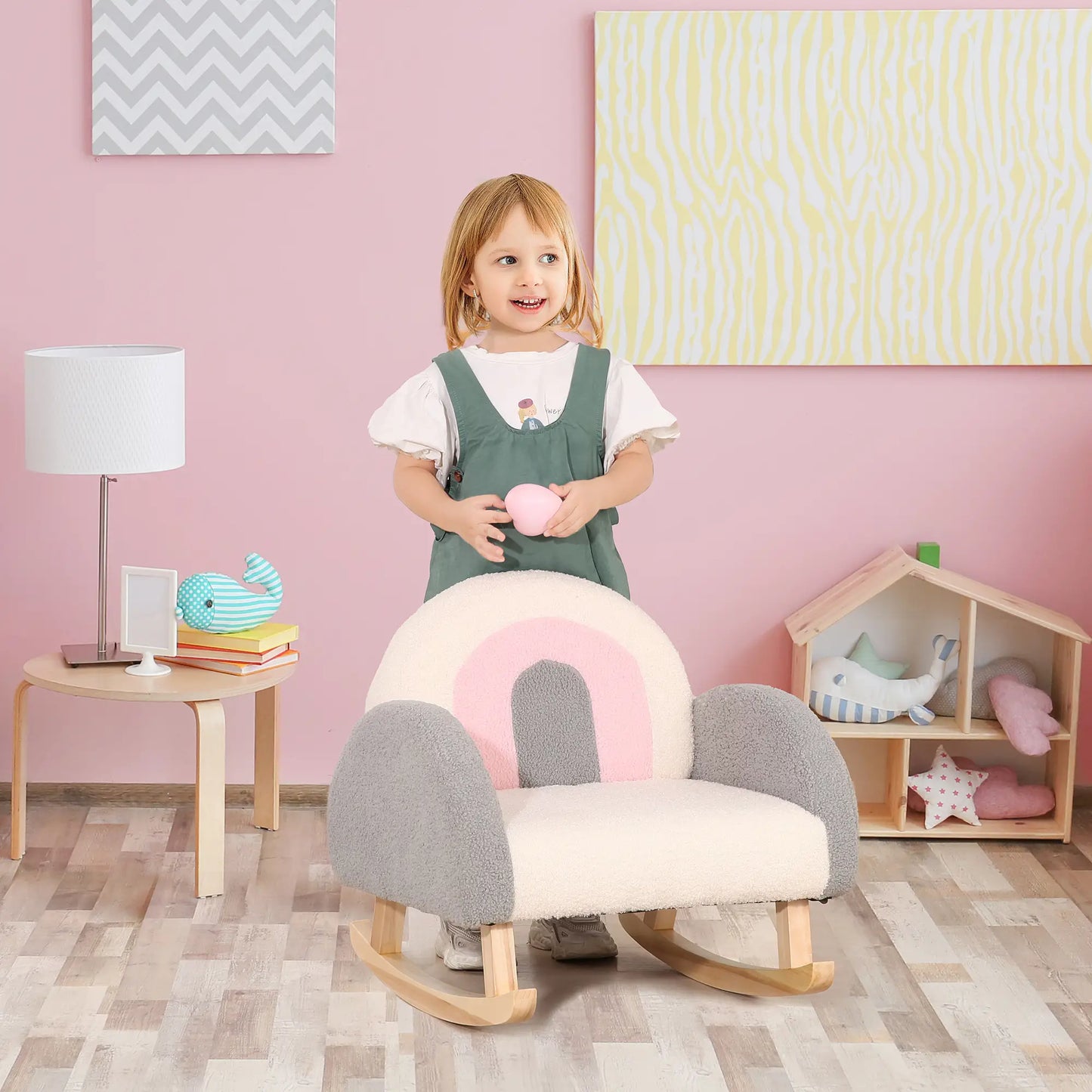 HOMCOM Kinder Schommelstoel – Grijs – 50 x 45 x 44 cm – Comfortabele Stoel met Zachte Bekleding en Stevig Houten Frame