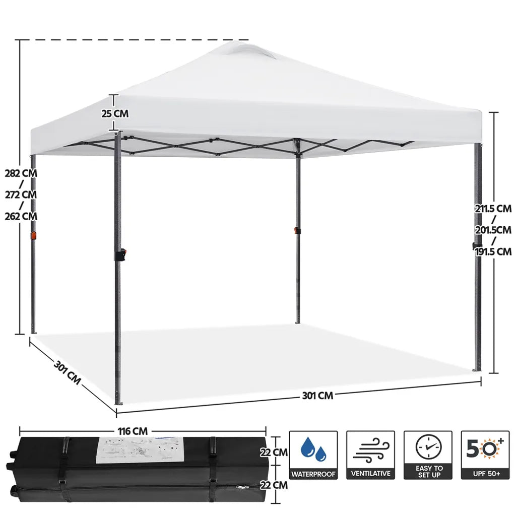 Yaheetech Opvouwbare Partytent 3 x 3 m - Wit - Waterdicht - Verstelbare Hoogte - UV50+ - Inclusief Draagtas en 4 Zandzakken