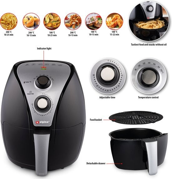 Alpina Airfryer XL - 3.2L - 80 tot 200°C - 1500W - Zwart