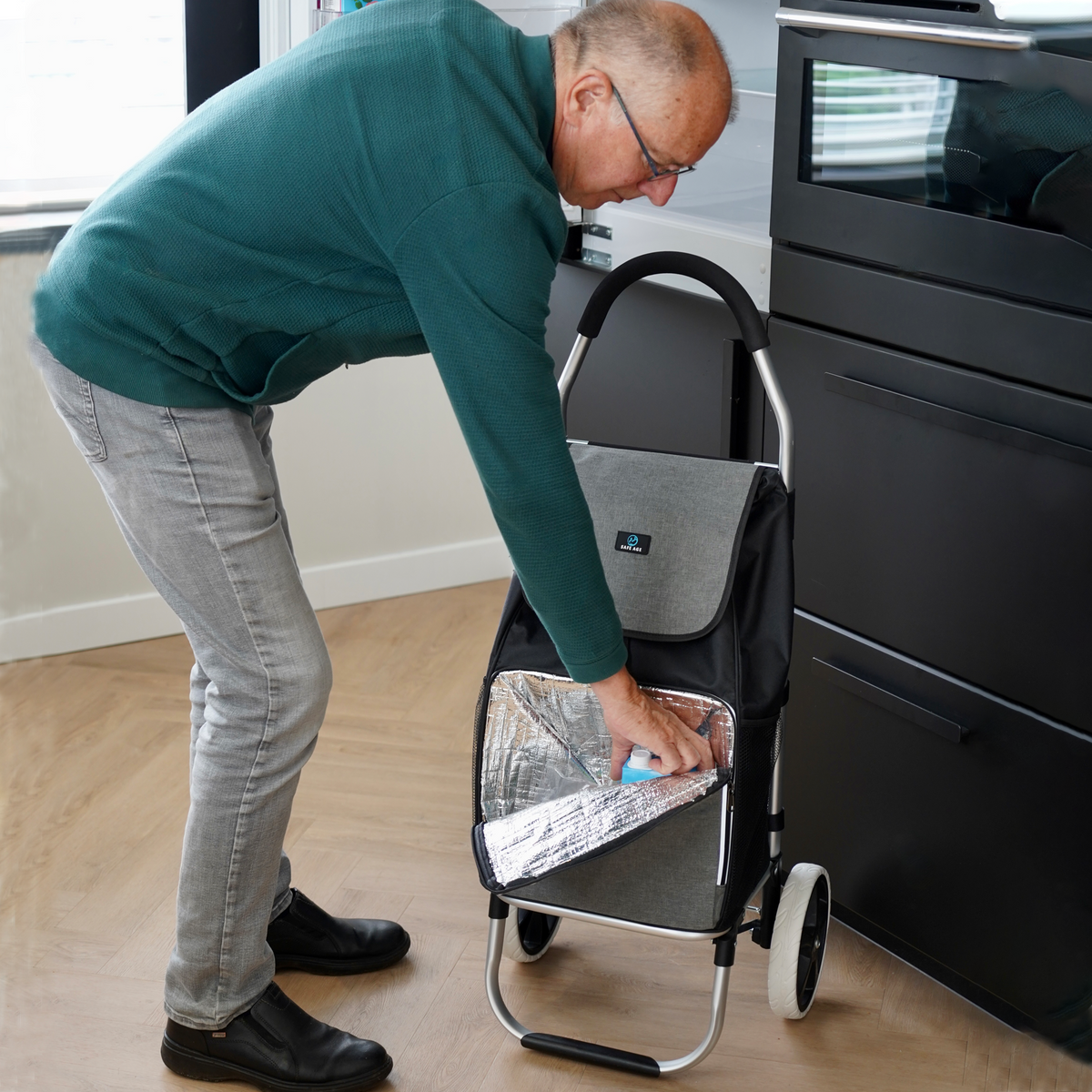 SafeLife Boodschappentrolley Grijs – 38 × 45 × 103 cm – Inklapbaar, Lichtgewicht & Met Koelvak