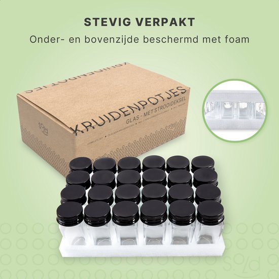 S.old - 24 Glazen Kruidenpotjes vierkant met Deksel Zwart - Kruidenstrooier - Complete set met Strooideksels, Voorbedrukte Stickers en Trechter - Inhoud 120 ml - 10,5 x 4,3 cm