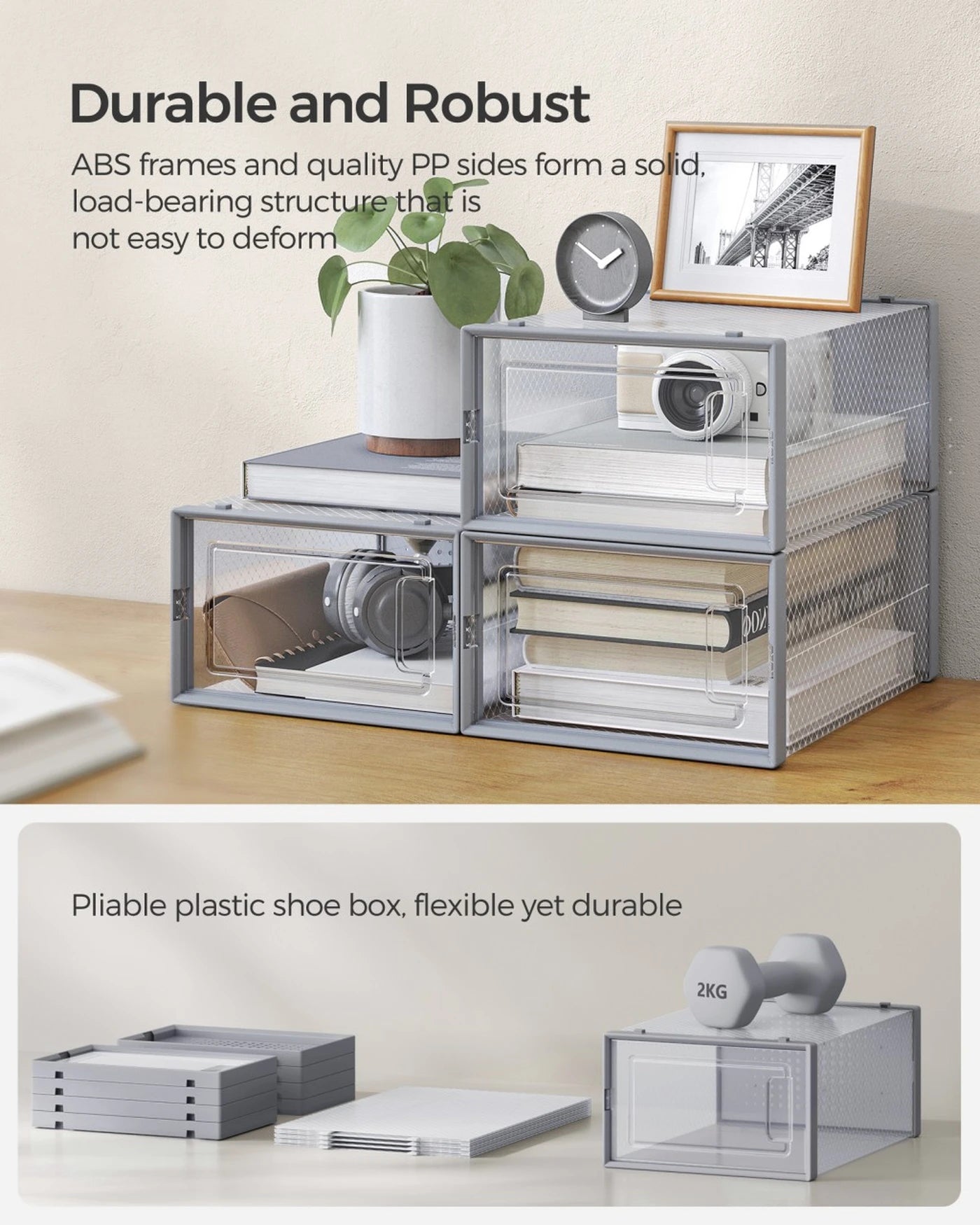 Joyfurnos Schoenenboxen Set van 18 - Transparant & Grijs - Stapelbaar - 33,3 x 23,1 x 14,3 cm per Box