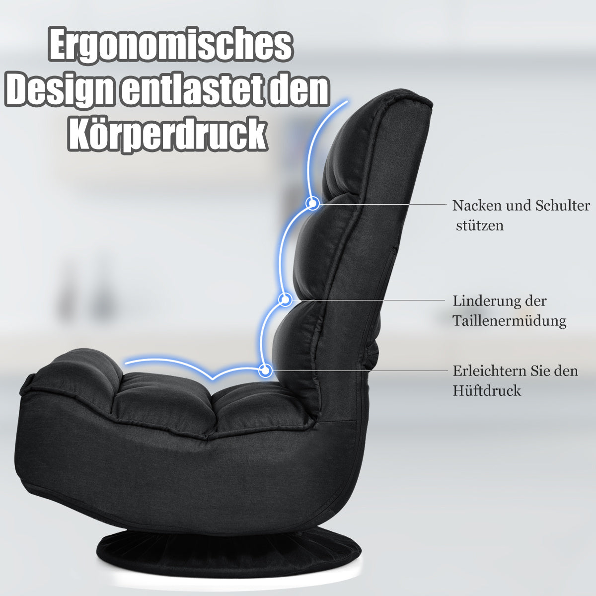 Coast Relax Fauteuil Vloerstoel - Draaibaar, Opvouwbaar, Max. 150 KG - 59 x 75 x 83 cm - Stof/Ijzer - Zwart