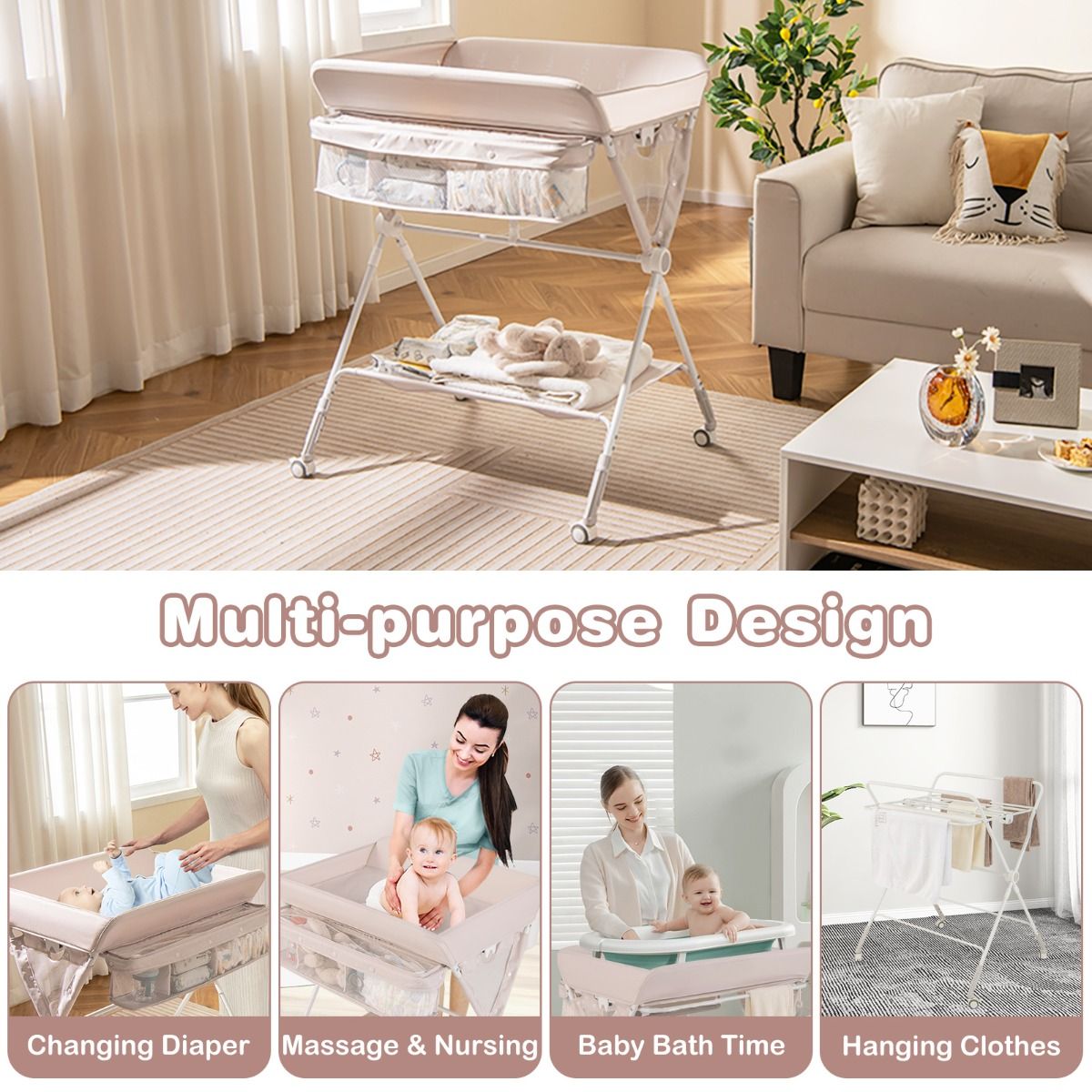 Coast Opvouwbare Commode - Verstelbare Hoogte - Met Wielen en Opbergruimte - 81 x 66,5 x 95-101 cm