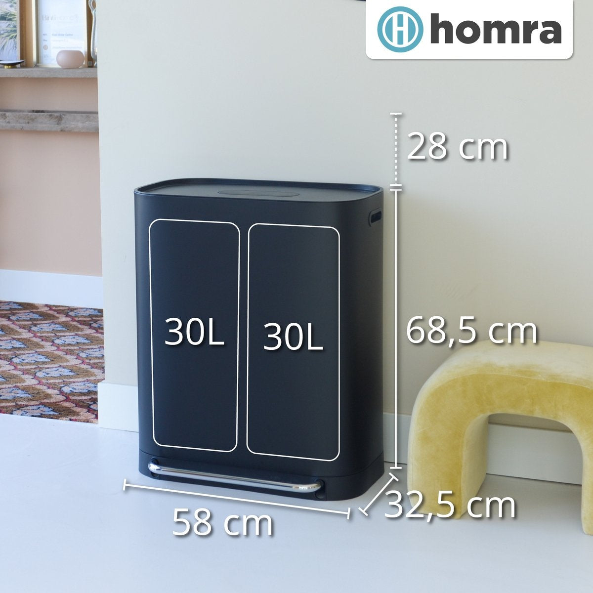 Homra Prullenbak – 2 Vakken & Geurfilter – 60L (2x30L) – 58 x 37 x 68,5 cm – Mat Zwart