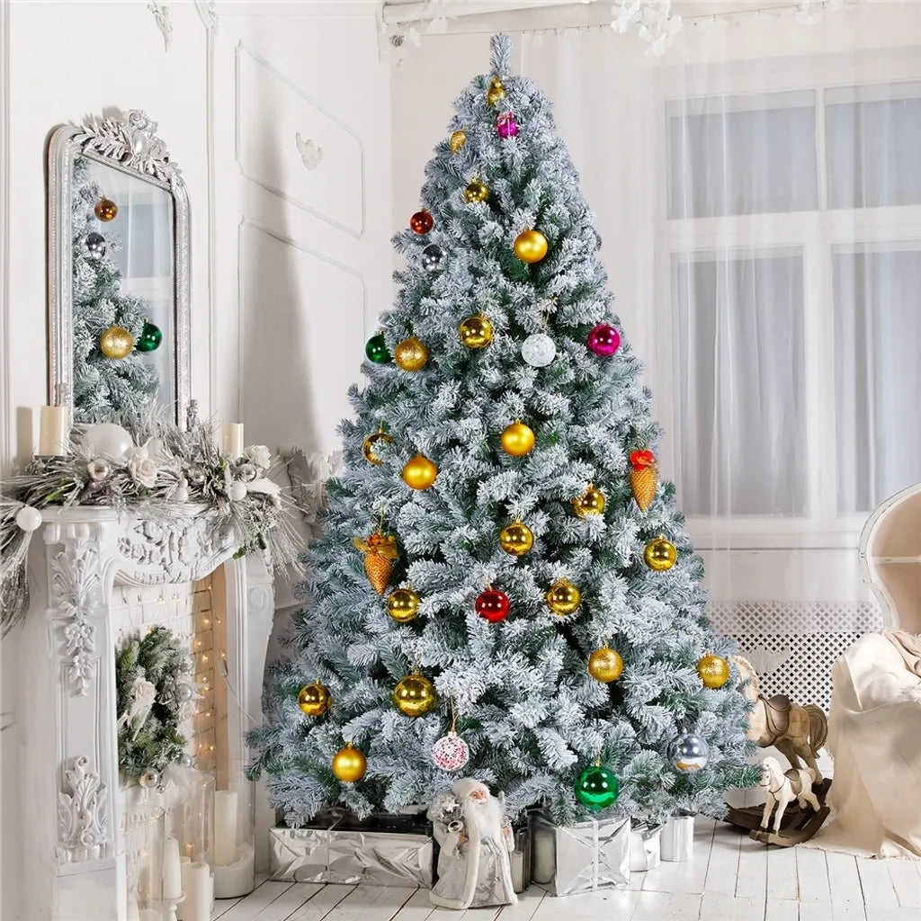 Yaheetech Kunstkerstboom 228 cm – Groen/Wit – Ø140 x 228 cm – Besneeuwde Kerstboom met Metalen Standaard