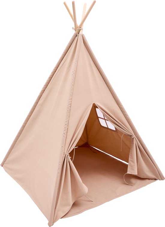 Sunny Vera Tipi Tent Sandy Beige voor kinderen – Wigwam Speeltent met raam van katoen – Tipi tent kinderen met Vloermat – 110x110x160cm – Stokken van hout