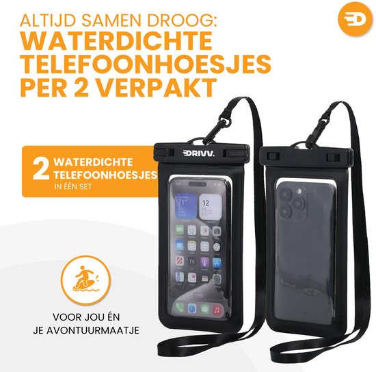 Drivv. Waterdicht Telefoonhoesje – Set van 2 - Dubbele Klipsluiting - Tot 6.7 inch – Onderwater Hoesje Telefoon - Zwart