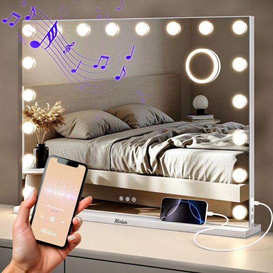 Mirlux Grote Hollywood Spiegel 80x60CM - 2 Bluetooth Speakers - USB & USB-C Oplaadporten - LED Verlichting - Make Up Spiegel - 10x Zoom - Ophangbaar - Wit