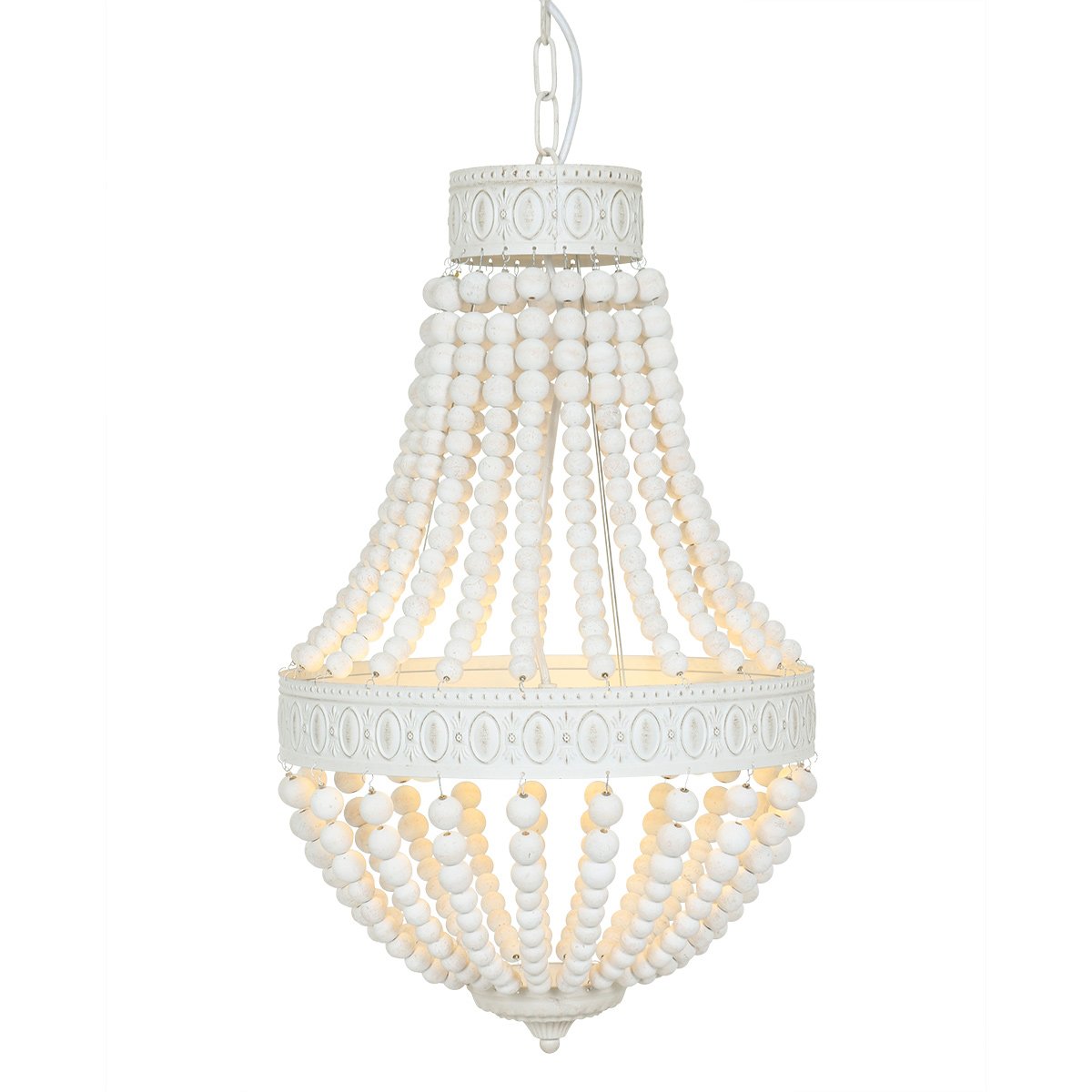 Hanglamp Ella 10191W - Trendy Witte Kralenlamp van Hout en Metaal, Verstelbare Hoogte 70-155 cm - Merk: Mexlite