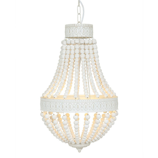 Hanglamp Ella 10191W - Trendy Witte Kralenlamp van Hout en Metaal, Verstelbare Hoogte 70-155 cm - Merk: Mexlite
