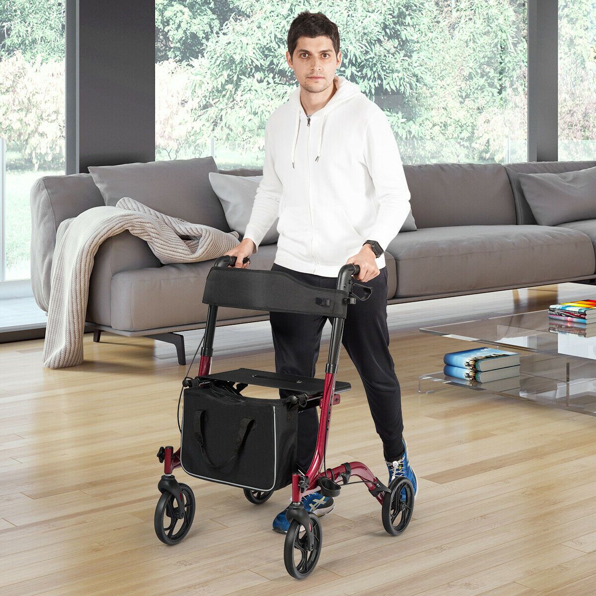 Coast Opvouwbare Aluminium Rollator Walker met 4 Wielen, Rood – 54 x 74 x 82-95 cm