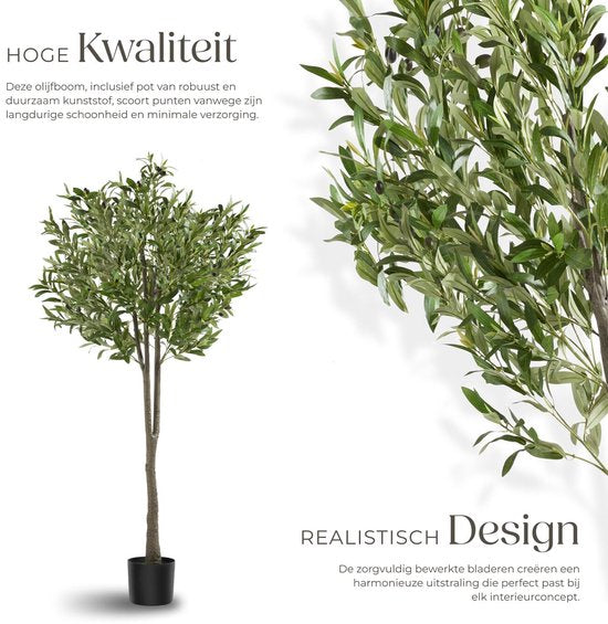 tectake® Kunstmatige Olijfboom Oleand – Mediterrane Kunstplant met Realistische Bladeren en Olijven – Onderhoudsvriendelijk en Veelzijdig – Inclusief Stevige Bloempot – Hoogte: 150 cm